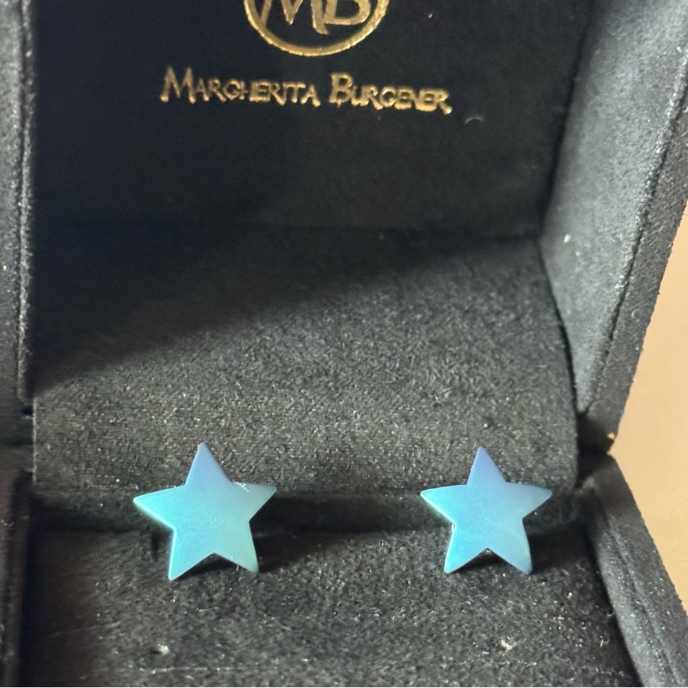 •Margherita Burgener Italy Luxury Blue Titanium Star Studs Earrings NEW